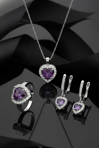 925 Ayar Ametist Taşlı Rodyum Pırlanta Işıltılı Kalp 3'lü Gümüş Set-Takım *Ayarlanabilir
