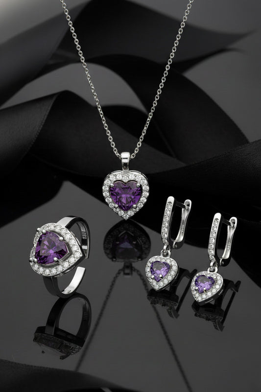 925 Ayar Ametist Taşlı Rodyum Pırlanta Işıltılı Kalp 3'lü Gümüş Set-Takım *Ayarlanabilir