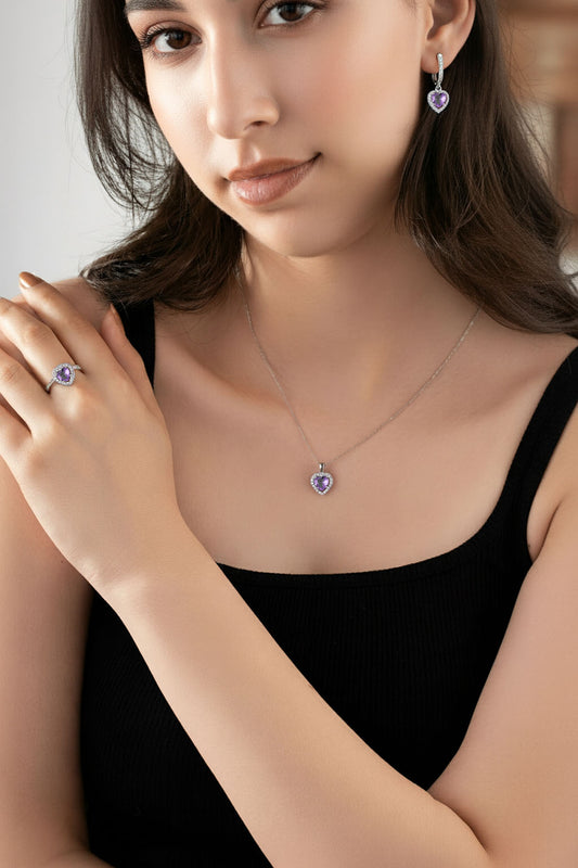 925 Ayar Ametist Taşlı Rodyum Pırlanta Işıltılı Kalp 3'lü Gümüş Set-Takım *Ayarlanabilir