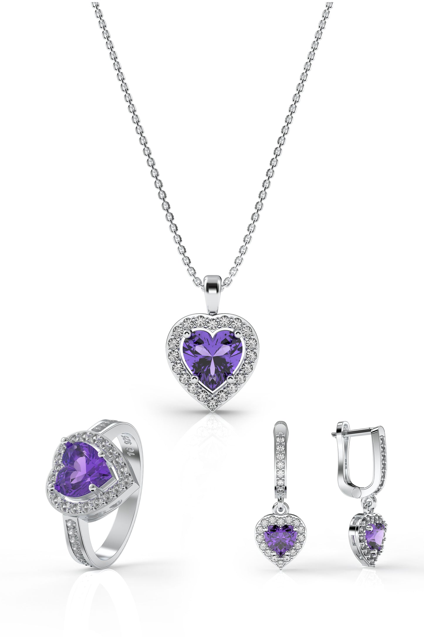 925 Ayar Ametist Taşlı Rodyum Pırlanta Işıltılı Kalp 3'lü Gümüş Set-Takım *Ayarlanabilir