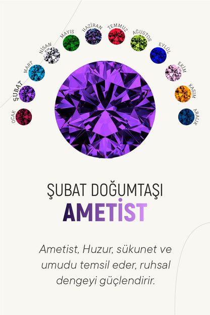 925 Ayar Şubat Ametist Doğum Taşlı Rodyum Tektaş Baget Gümüş Kolye