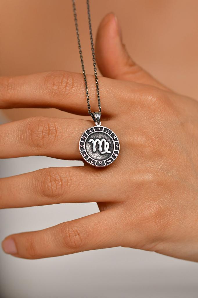 925 Ayar Başak Burcu Burç Çarkı Unisex Gümüş Kolye 45-55cm