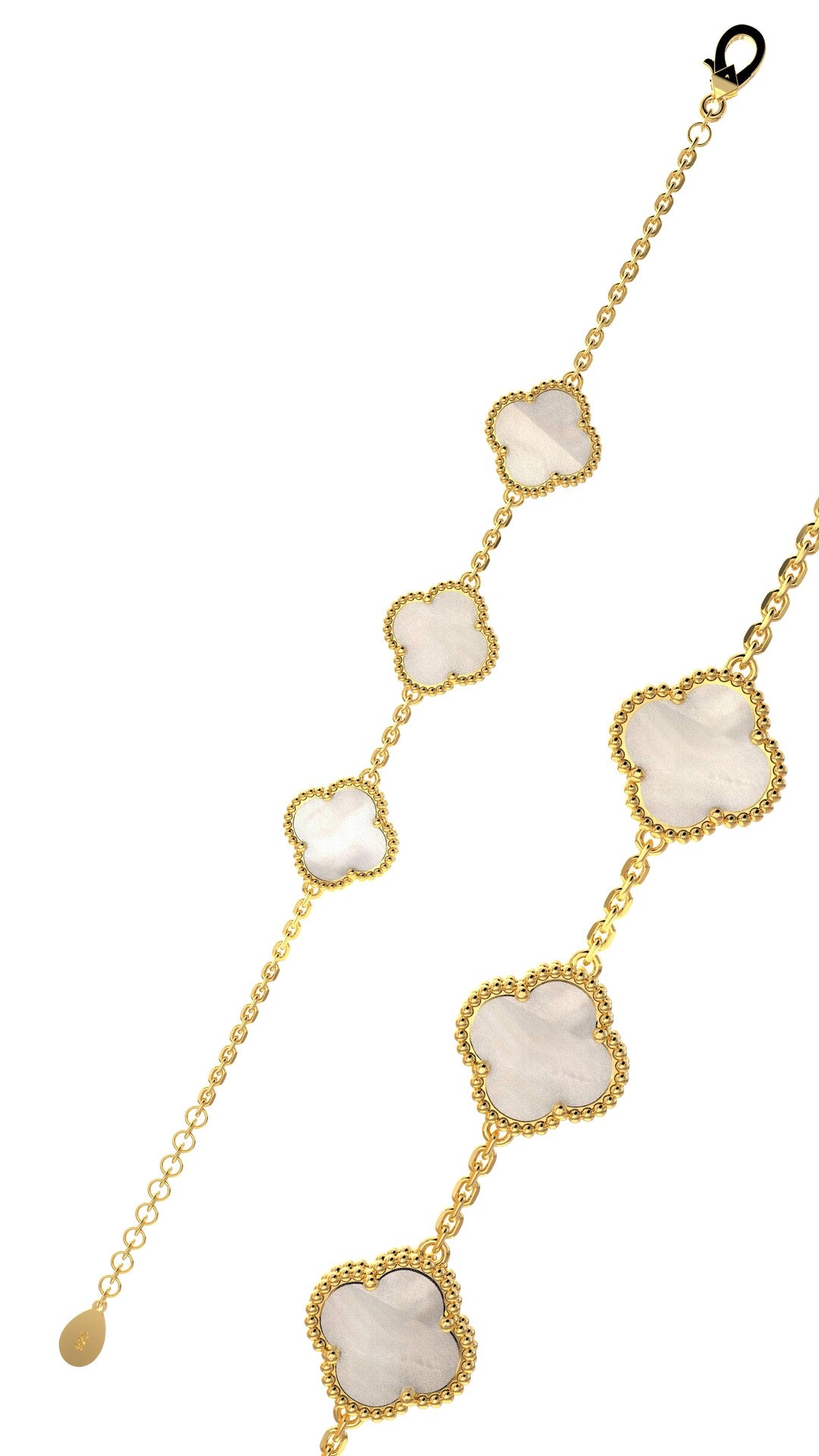 925 Ayar Beyaz Sedef Taşlı Gold Van Cleef Üçlü Yonca Gümüş Bileklik