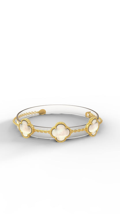 925 Ayar Beyaz Sedef Taşlı Gold Van Cleef Üçlü Yonca Gümüş Bileklik