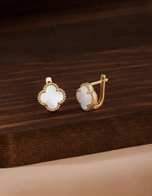 925 Ayar Beyaz Sedef Taşlı Gold Van Cleef Yonca Gümüş Küpe