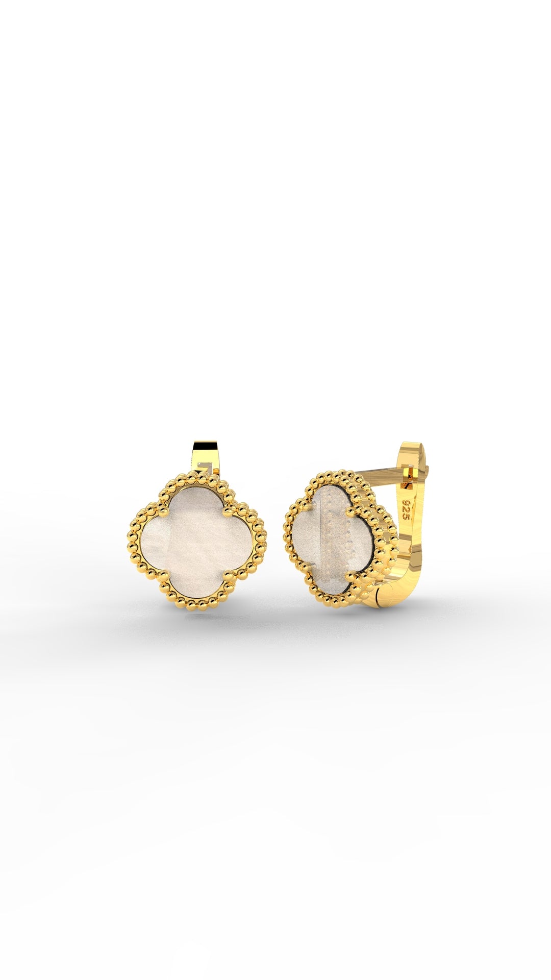 925 Ayar Beyaz Sedef Taşlı Gold Van Cleef Yonca Gümüş Küpe
