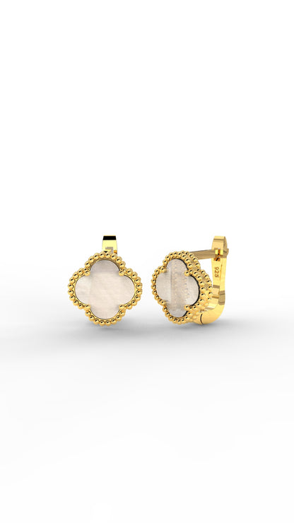 925 Ayar Beyaz Sedef Taşlı Gold Van Cleef Yonca Gümüş Küpe