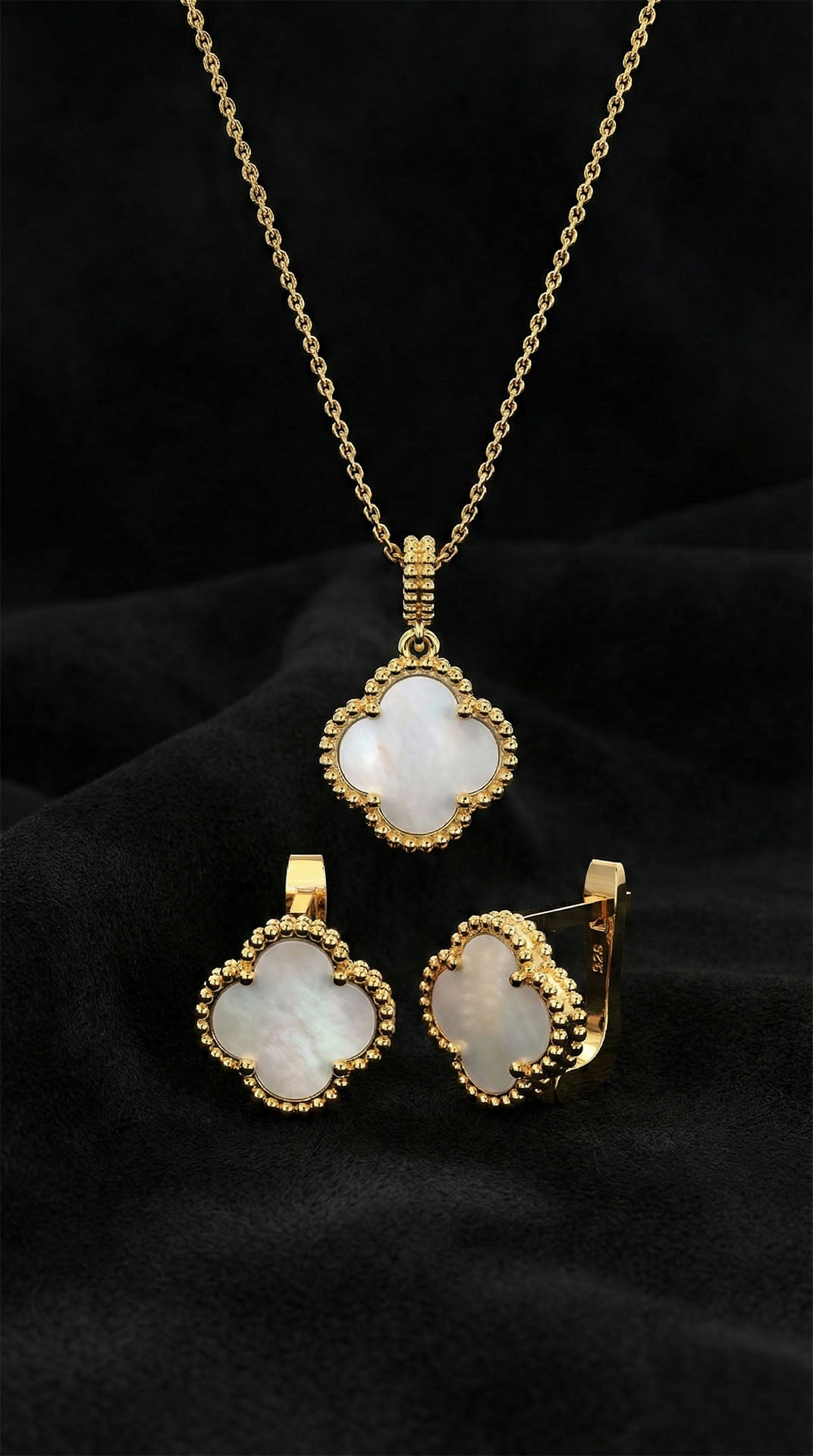 925 Ayar Beyaz Sedef Taşlı Gold Van Cleef Yonca Kolye Küpe 2'li Gümüş Set-Takım