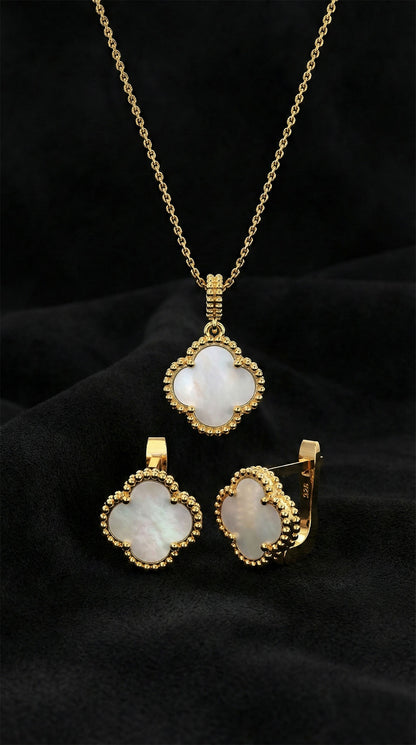 925 Ayar Beyaz Sedef Taşlı Gold Van Cleef Yonca Kolye Küpe 2'li Gümüş Set-Takım