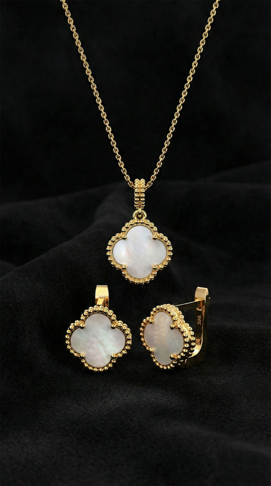 925 Ayar Beyaz Sedef Taşlı Gold Van Cleef Yonca Kolye Küpe 2'li Gümüş Set-Takım