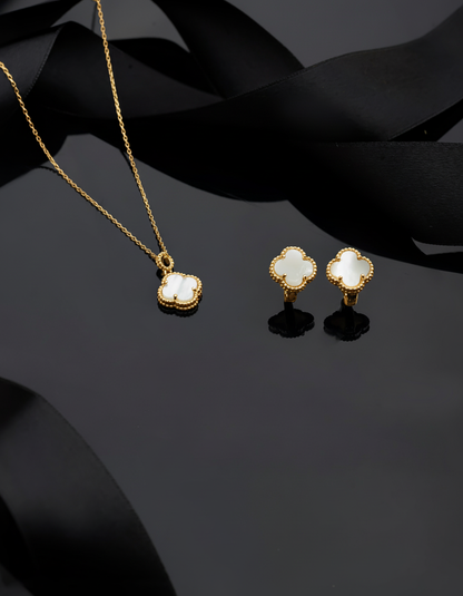 925 Ayar Beyaz Sedef Taşlı Gold Van Cleef Yonca Kolye Küpe 2'li Gümüş Set-Takım