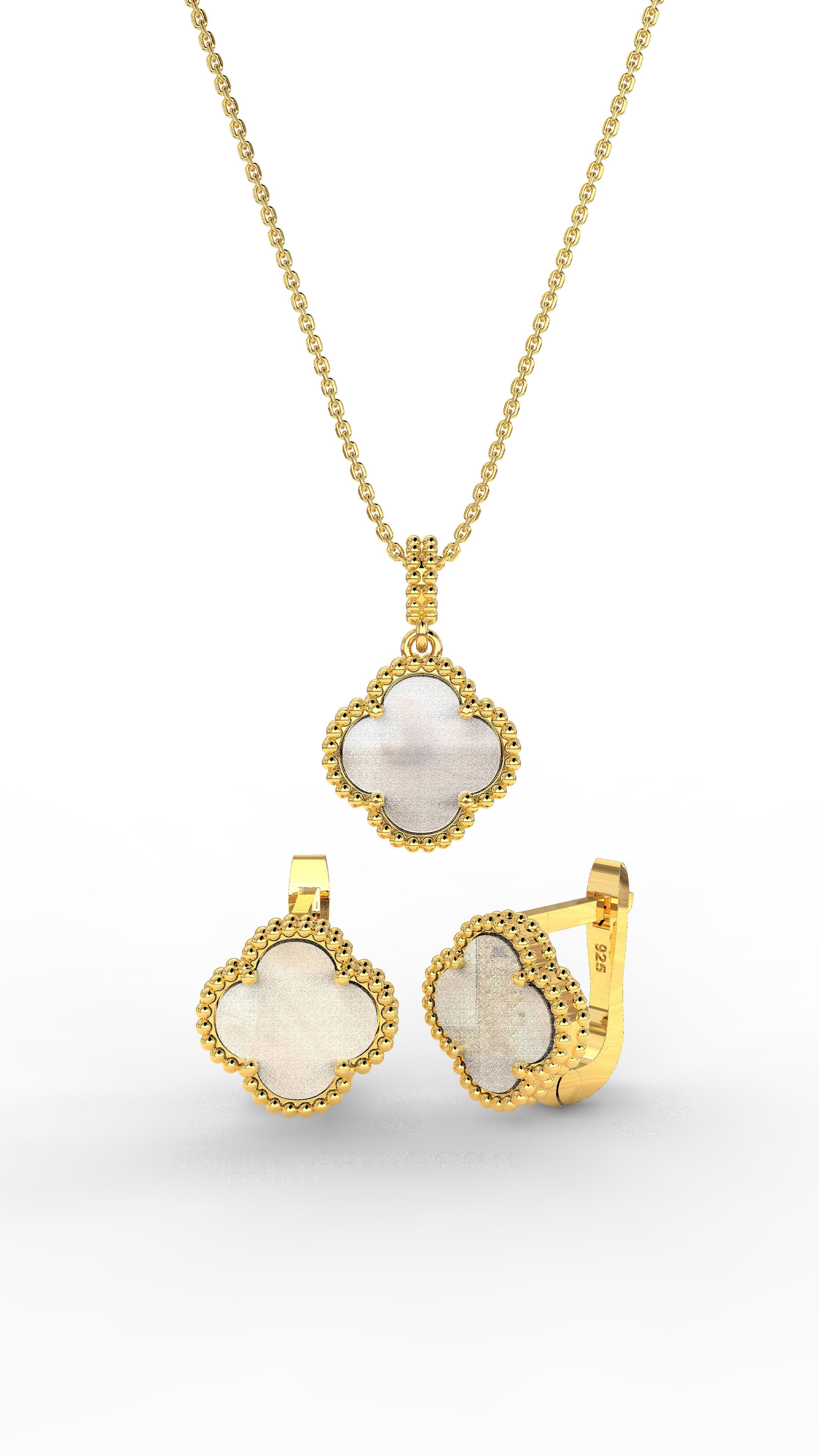 925 Ayar Beyaz Sedef Taşlı Gold Yonca Kolye Küpe 2'li Gümüş Set-Takım