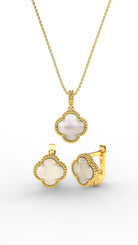 925 Ayar Beyaz Sedef Taşlı Gold Yonca Kolye Küpe 2'li Gümüş Set-Takım