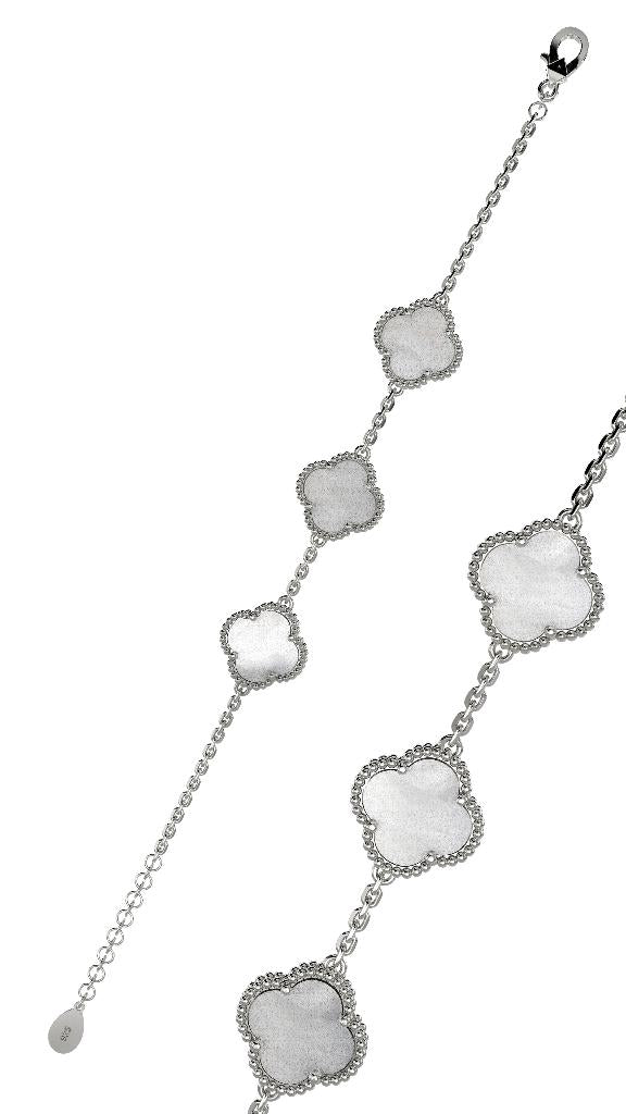 925 Ayar Beyaz Sedef Taşlı Rodyum Üçlü Yonca Gümüş Bileklik