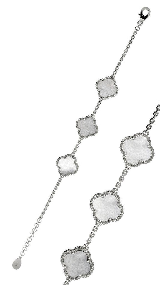 925 Ayar Beyaz Sedef Taşlı Rodyum Üçlü Yonca Gümüş Bileklik