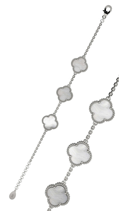 925 Ayar Beyaz Sedef Taşlı Rodyum Van Cleef Üçlü Yonca Gümüş Bileklik