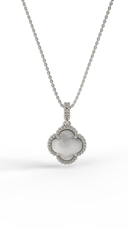 925 Ayar Beyaz Sedef Taşlı Rodyum Van Cleef Yonca Gümüş Kolye