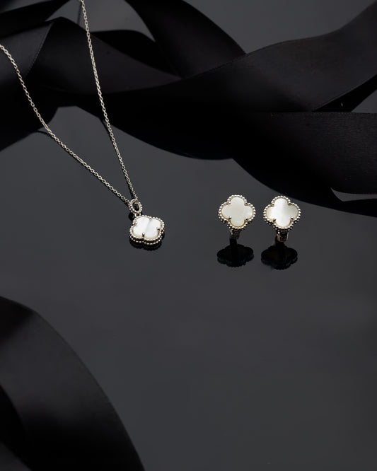 925 Ayar Beyaz Sedef Taşlı Rodyum Van Cleef Yonca Kolye Küpe 2'li Gümüş Set-Takım