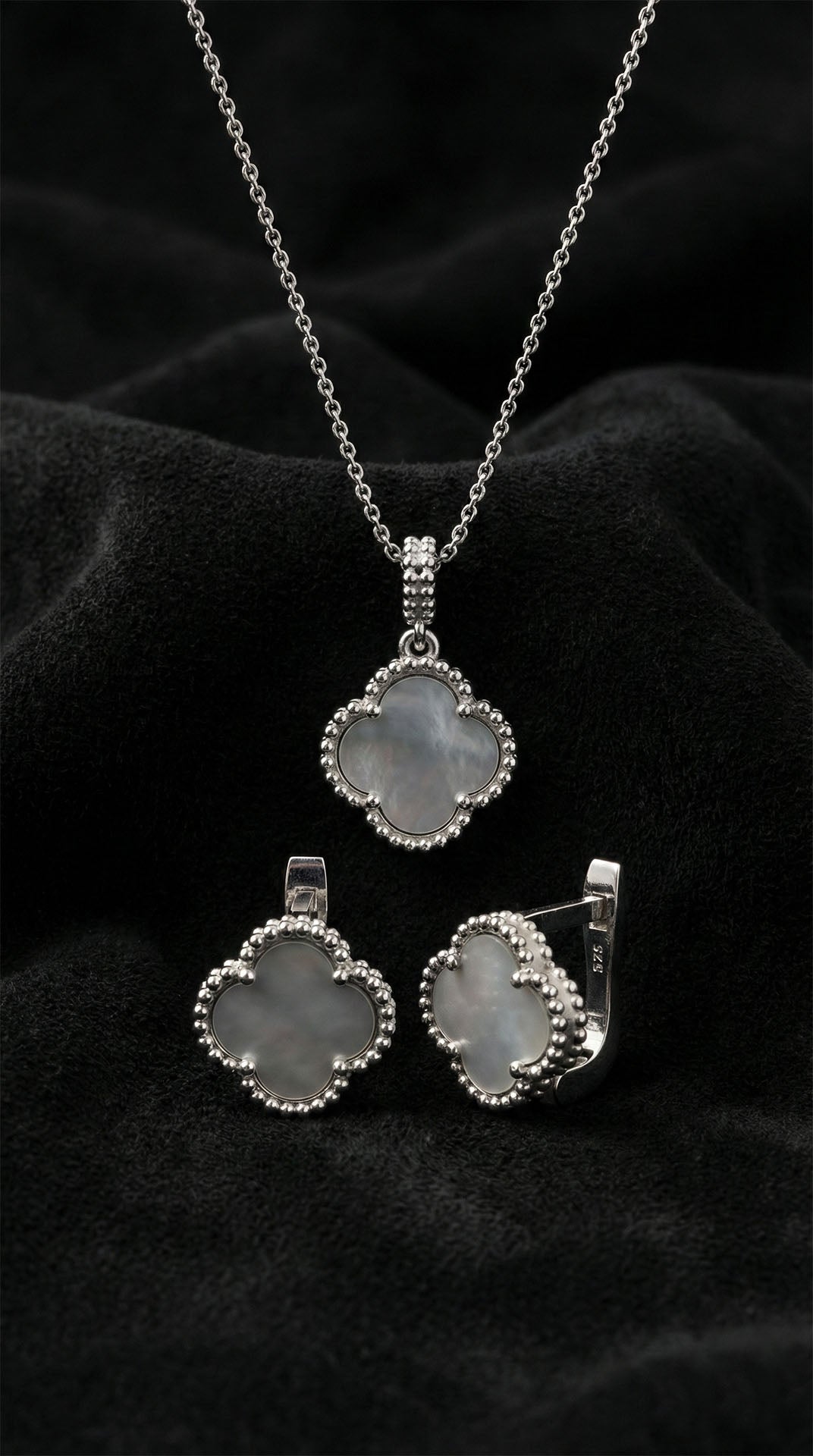 925 Ayar Beyaz Sedef Taşlı Rodyum Van Cleef Yonca Kolye Küpe 2'li Gümüş Set-Takım