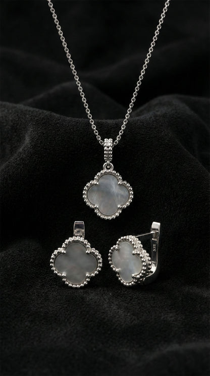 925 Ayar Beyaz Sedef Taşlı Rodyum Van Cleef Yonca Kolye Küpe 2'li Gümüş Set-Takım