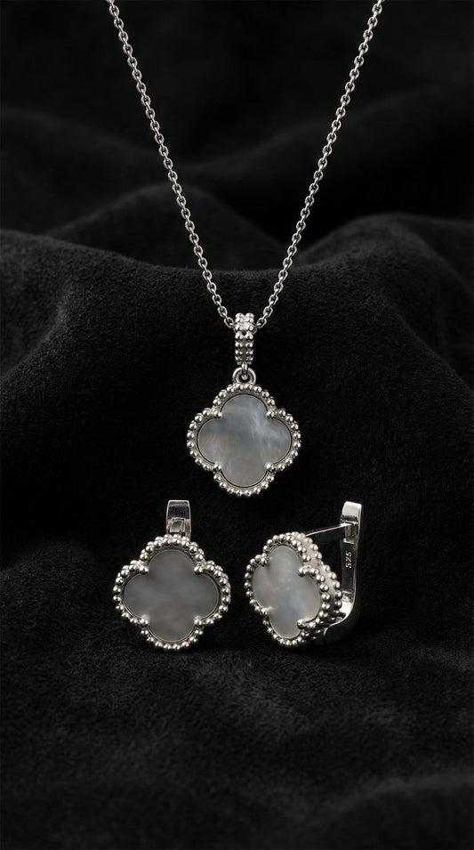 925 Ayar Beyaz Sedef Taşlı Rodyum Van Cleef Yonca Kolye Küpe 2'li Gümüş Set-Takım