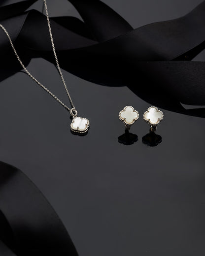 925 Ayar Beyaz Sedef Taşlı Rodyum Van Cleef Yonca Kolye Küpe 2'li Gümüş Set-Takım