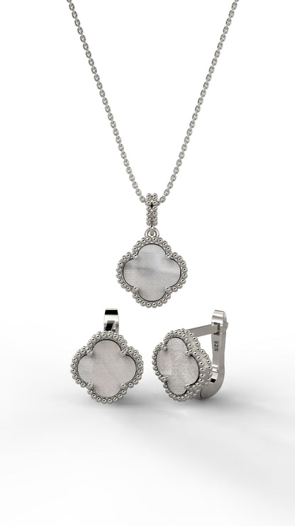 925 Ayar Beyaz Sedef Taşlı Rodyum Yonca Kolye Küpe 2'li Gümüş Set-Takım