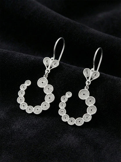 925 Ayar Elişi Telkari Gümüş Spiral Desenli Halka Sallantılı Küpe