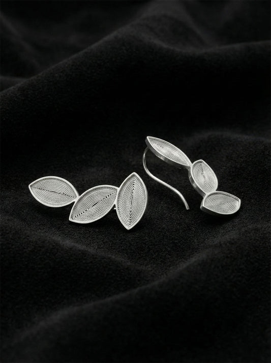 925 Ayar Elişi Telkari Gümüş Yaprak Motifli Yatay Sarmaşık Küpe