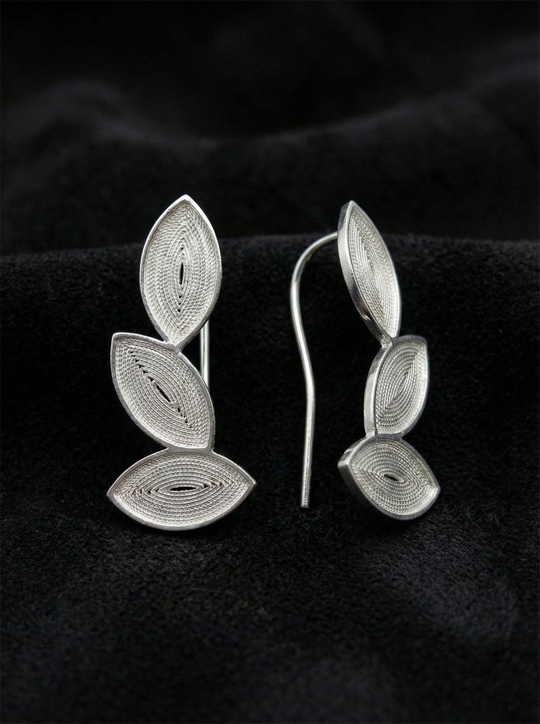 925 Ayar Elişi Telkari Gümüş Yaprak Motifli Yatay Sarmaşık Küpe