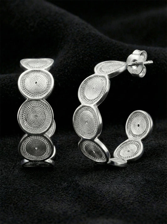 925 Ayar Elişi Telkari Gümüş Yuvarlak Desenli Halka Çivili Küpe