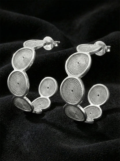 925 Ayar Elişi Telkari Gümüş Yuvarlak Desenli Halka Çivili Küpe