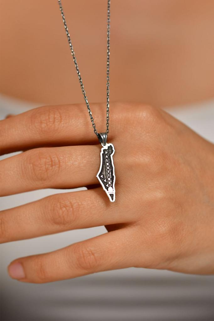 925 Ayar Filistin Haritası, Filistin Özgürlük Unisex Gümüş Kolye 45-55cm