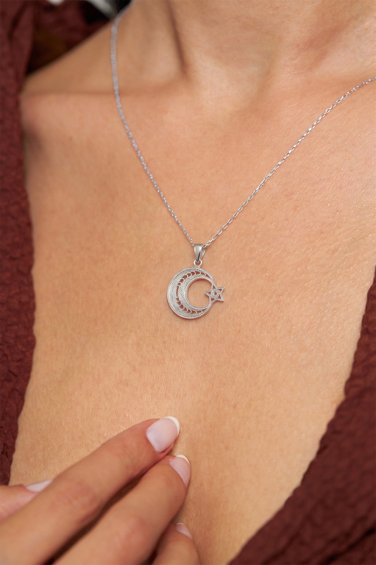 925 Ayar Geleneksel Telkari El İşçiliği Ay Yıldız Gümüş Kolye (17x19mm)