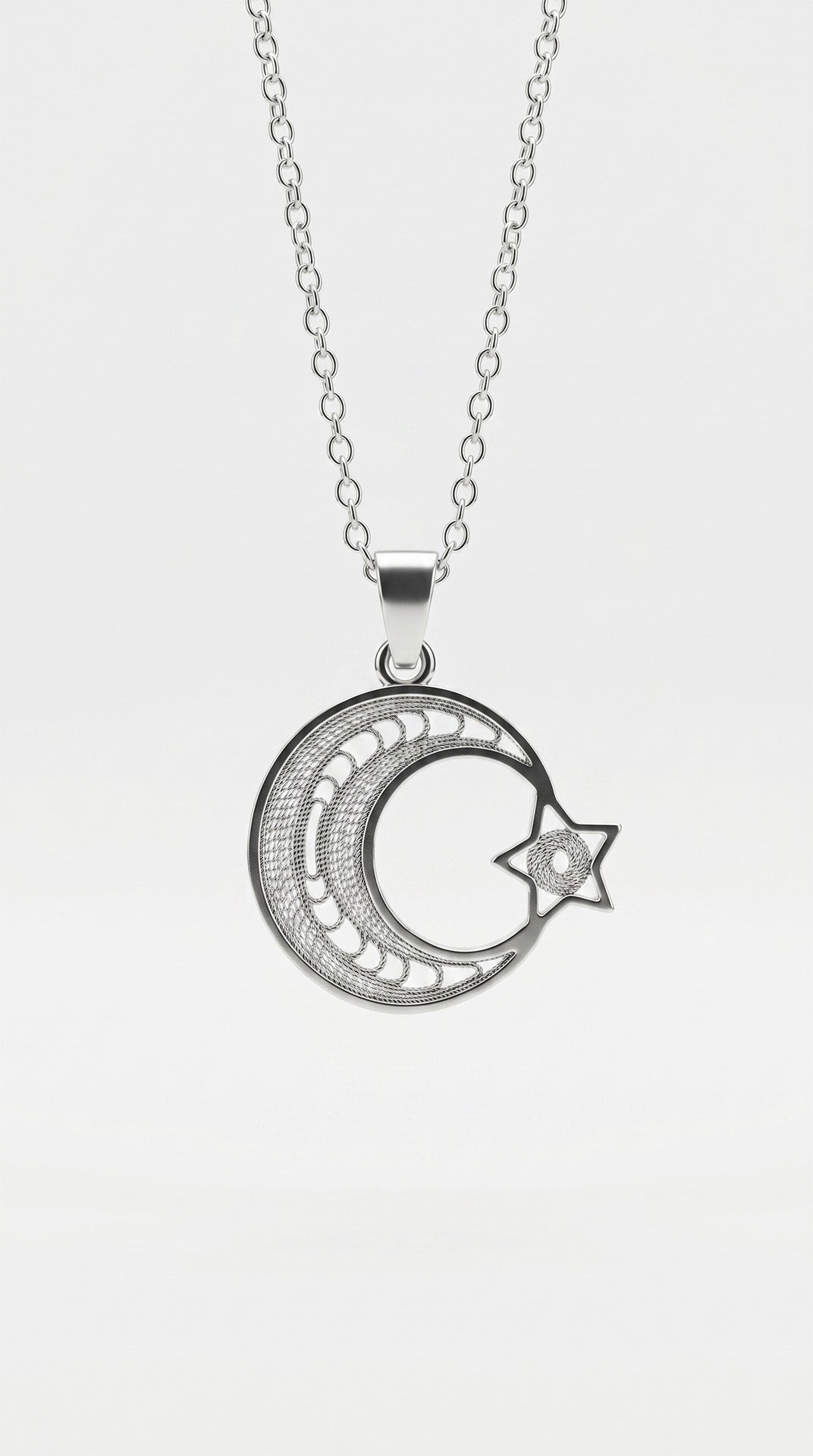925 Ayar Geleneksel Telkari El İşçiliği Ay Yıldız Gümüş Kolye (17x19mm)