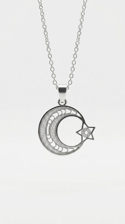 925 Ayar Geleneksel Telkari El İşçiliği Ay Yıldız Gümüş Kolye (17x19mm)