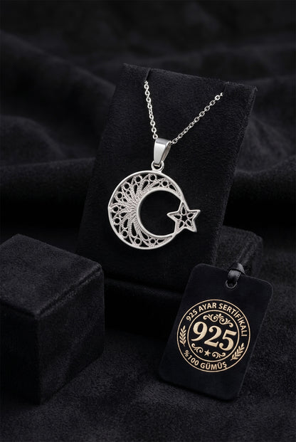 925 Ayar Geleneksel Telkari El İşçiliği Desenli Ay Yıldız Gümüş Kolye