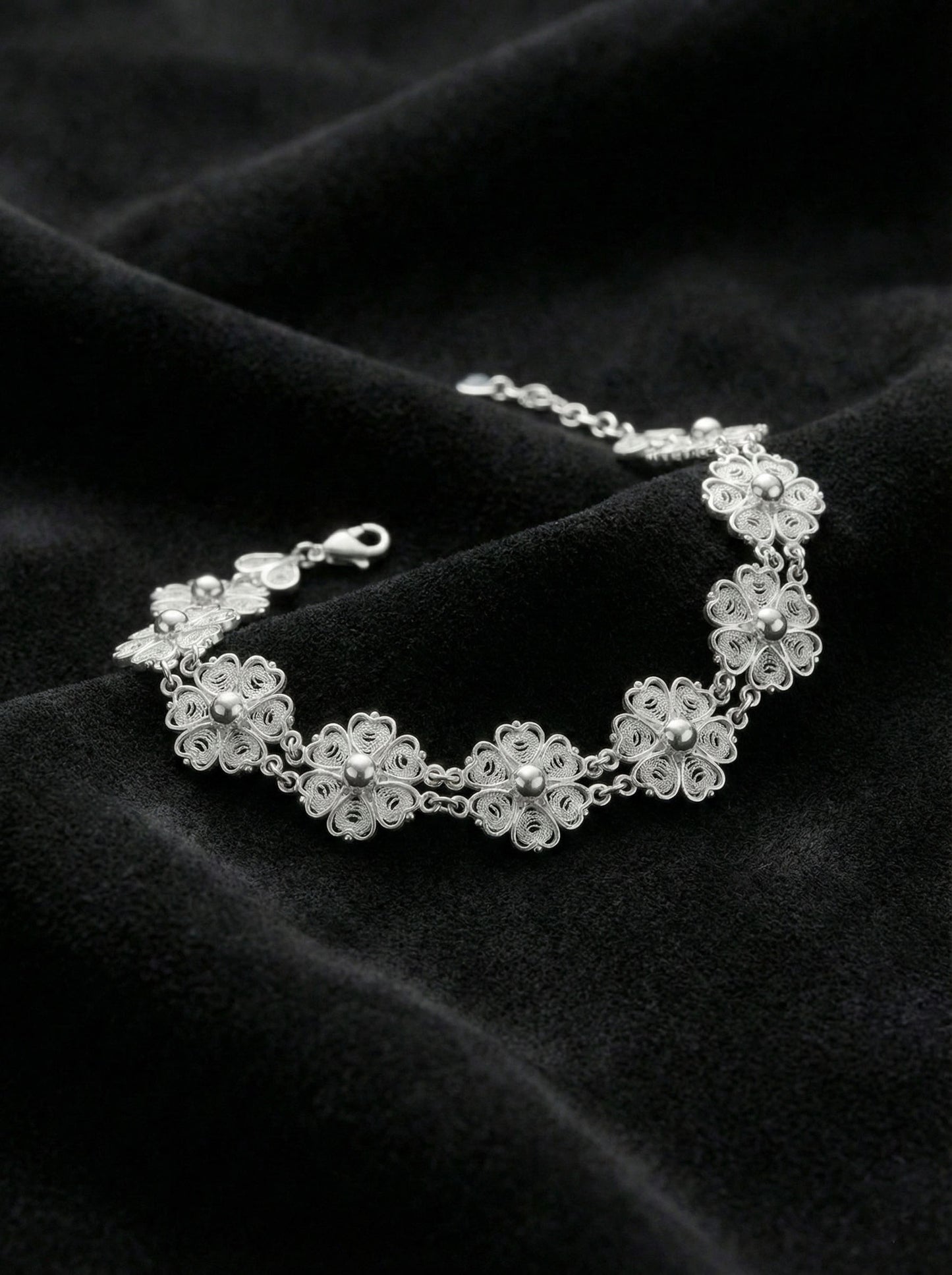 925 Ayar Geleneksel Telkari Elişi Çiçek Motifli Sıralı Gümüş Bileklik (Ayarlanabilir)