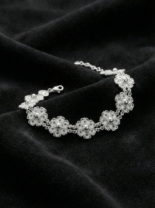 925 Ayar Geleneksel Telkari Elişi Çiçek Motifli Sıralı Gümüş Bileklik (Ayarlanabilir)