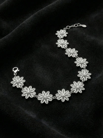 925 Ayar Geleneksel Telkari Elişi Papatya Motifli Sıralı Gümüş Bileklik (Ayarlanabilir)