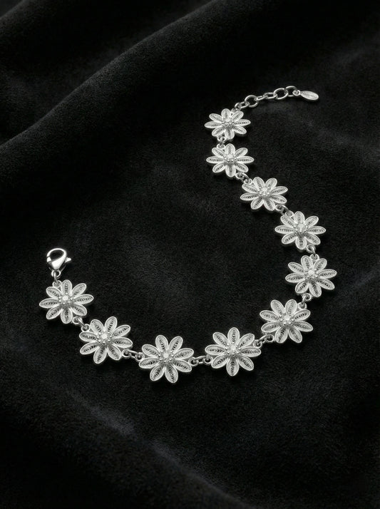 925 Ayar Geleneksel Telkari Elişi Papatya Motifli Sıralı Gümüş Bileklik (Ayarlanabilir)