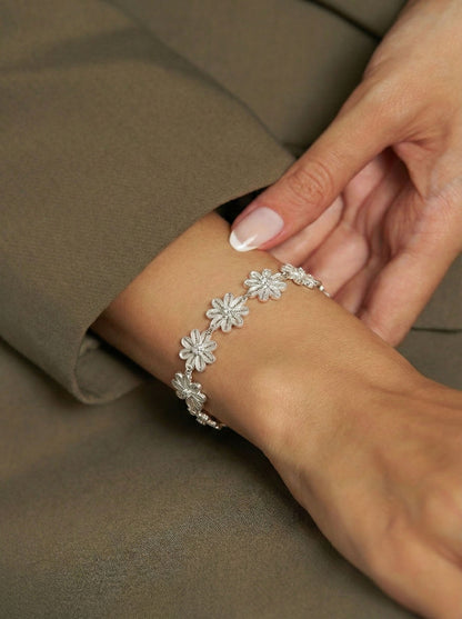 925 Ayar Geleneksel Telkari Elişi Papatya Motifli Sıralı Gümüş Bileklik (Ayarlanabilir)