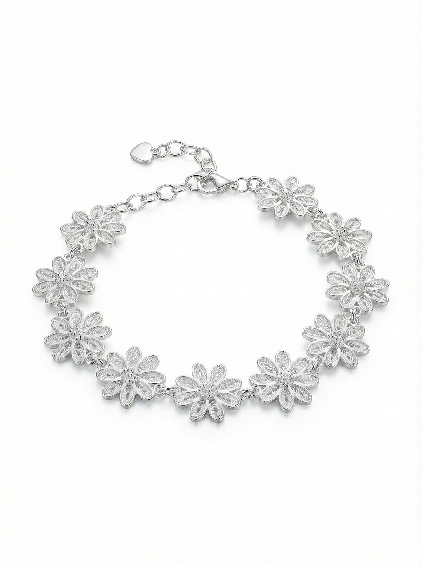 925 Ayar Geleneksel Telkari Elişi Papatya Motifli Sıralı Gümüş Bileklik (Ayarlanabilir)