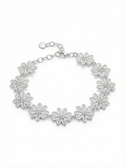925 Ayar Geleneksel Telkari Elişi Papatya Motifli Sıralı Gümüş Bileklik (Ayarlanabilir)