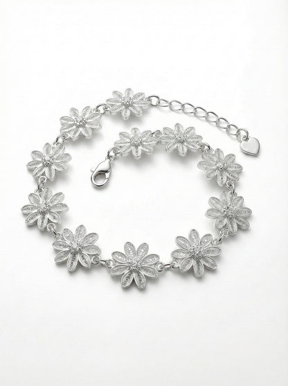925 Ayar Geleneksel Telkari Elişi Papatya Motifli Sıralı Gümüş Bileklik (Ayarlanabilir)