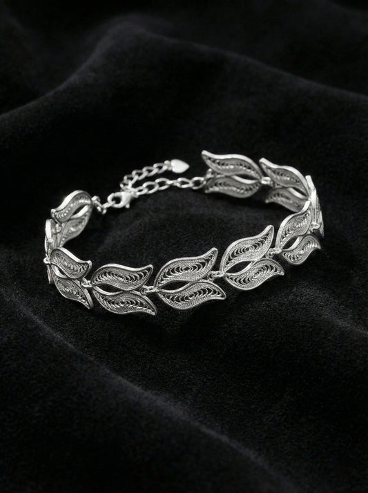 925 Ayar Geleneksel Telkari Elişi Sanatı Lale Motifli Gümüş Bileklik (Ayarlanabilir)