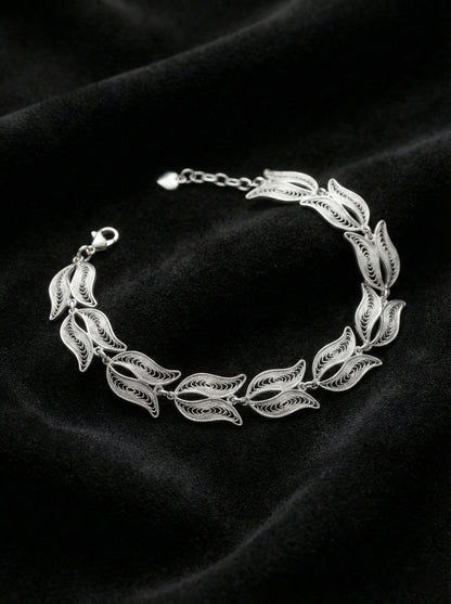 925 Ayar Geleneksel Telkari Elişi Sanatı Lale Motifli Gümüş Bileklik (Ayarlanabilir)