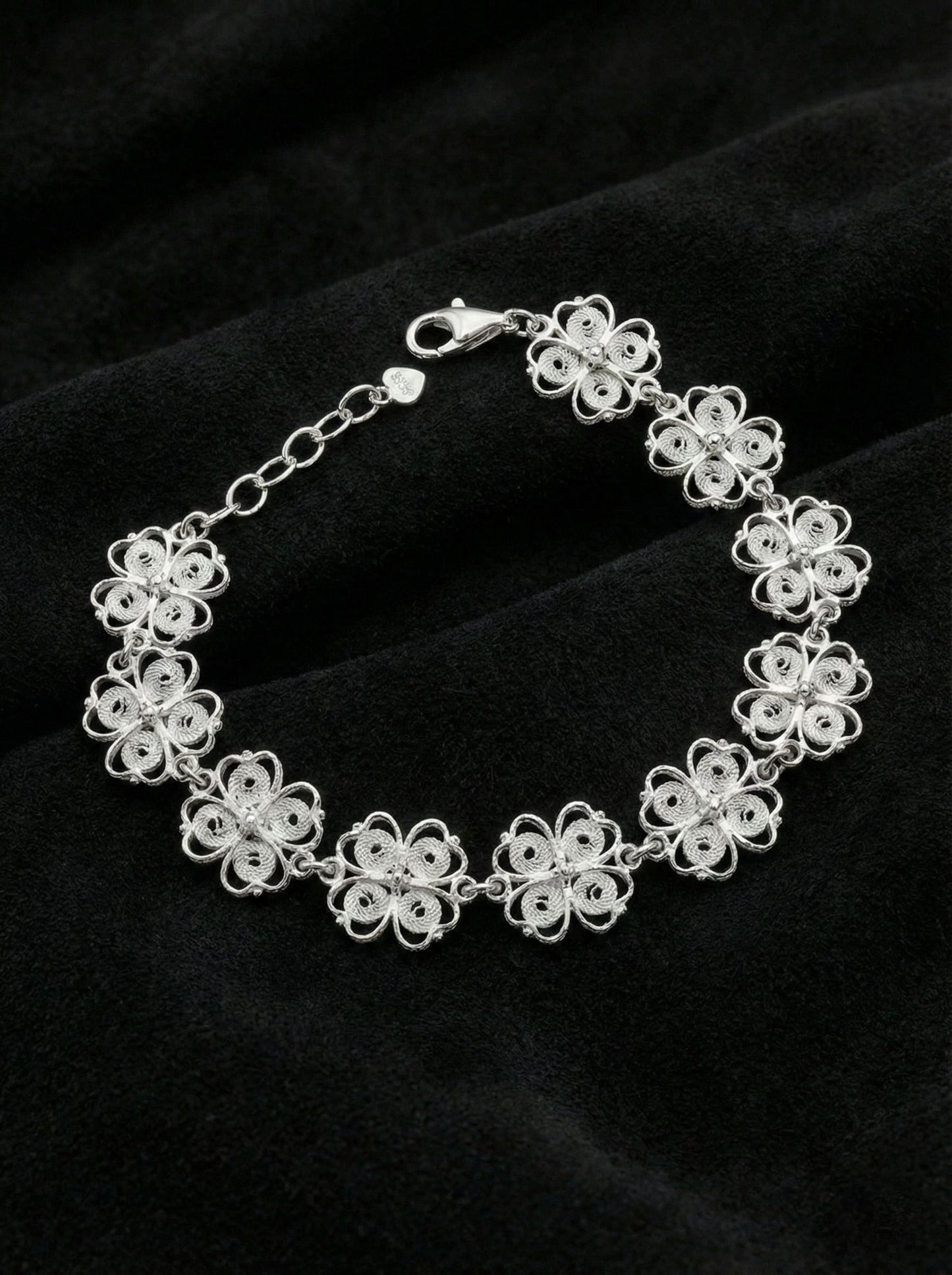925 Ayar Geleneksel Telkari Elişi Yonca Motifli Sıralı Gümüş Bileklik (Ayarlanabilir)