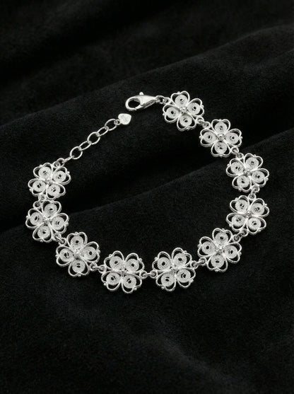 925 Ayar Geleneksel Telkari Elişi Yonca Motifli Sıralı Gümüş Bileklik (Ayarlanabilir)