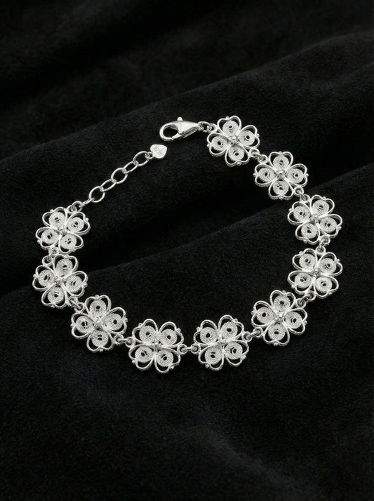 925 Ayar Geleneksel Telkari Elişi Yonca Motifli Sıralı Gümüş Bileklik (Ayarlanabilir)